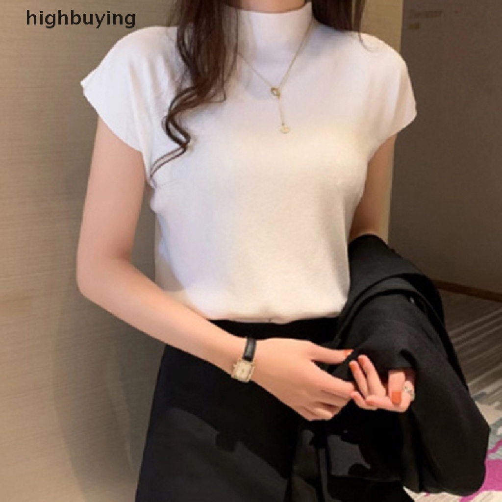 Áo Thun Dệt Kim Tay Ngắn Cổ Lọ Màu Sắc Đơn Giản Cho Nữ