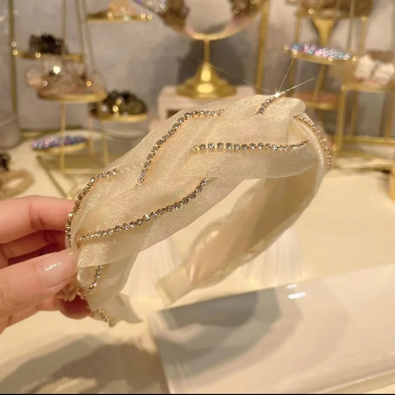 Băng Đô Dạng Xoắn Bản Rộng Bằng Vải Organza Đính Kim Cương Nhân Tạo Phong Cách Hàn Quốc