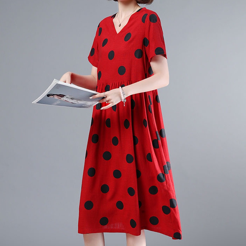 Đầm Cotton Lanh Họa Tiết Chấm Bi Cổ Điển Thời Trang Mùa Hè Cho Nữ