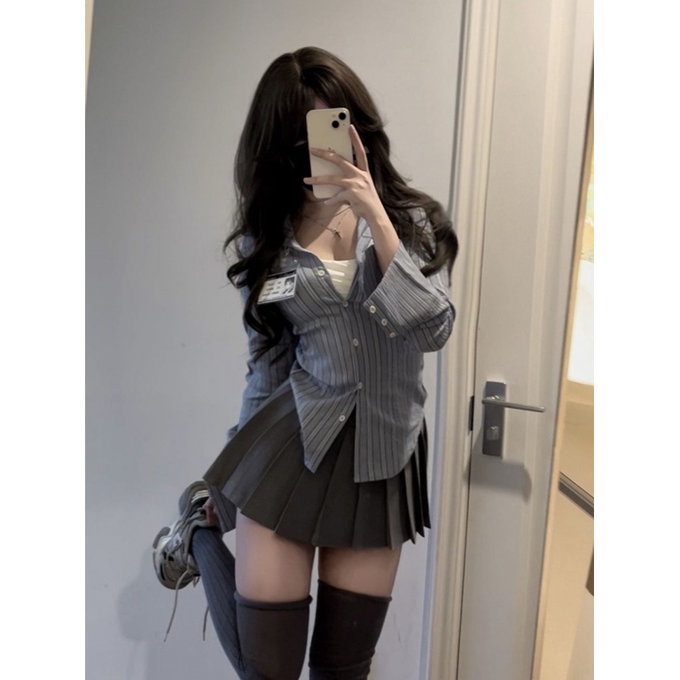 Bộ Áo Sơ Mi Tay Dài Kẻ Sọc Phối Chân Váy Xếp Ly Thời Trang Xuân Thu Cho Nữ