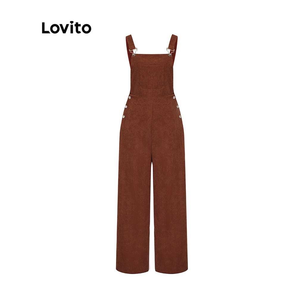 Jumpsuit LOVITO nhung kẻ lưng cao nút cài có túi màu trơn thường ngày dành cho nữ L45LD052 (màu nâu mocha)