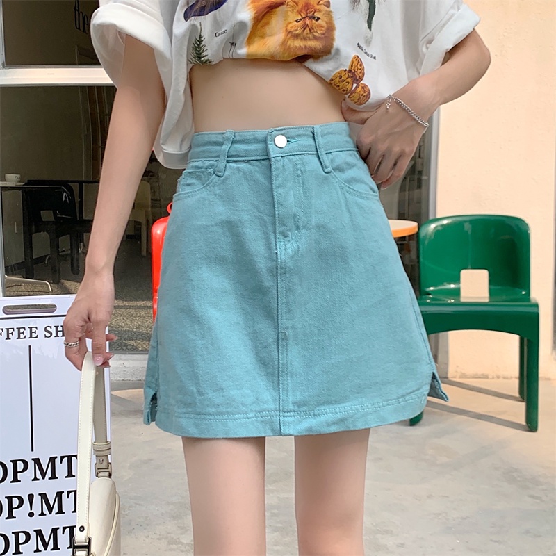 Chân Váy Denim Lưng Cao Xẻ Tà Thời Trang Hàn Quốc Cho Nữ