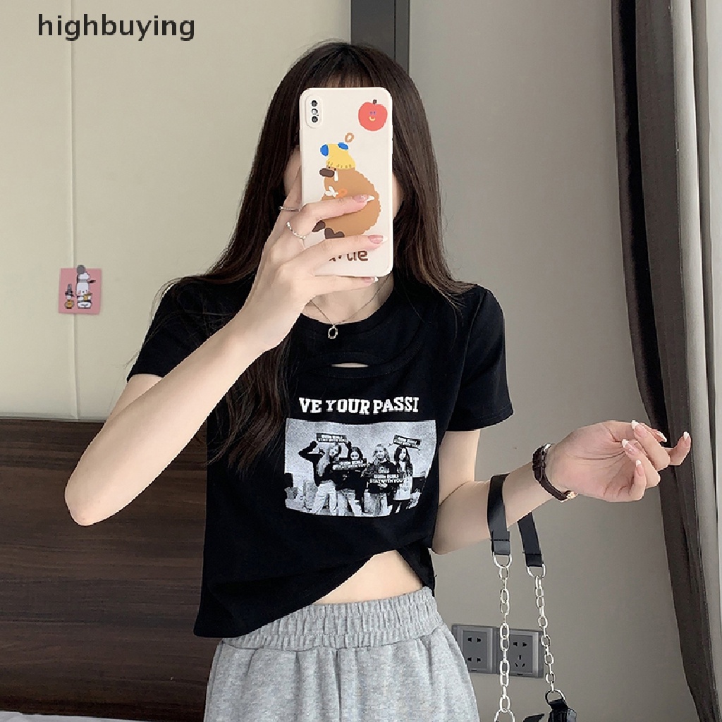 Áo Thun Lửng Ngắn Tay Cổ Tròn In Họa Tiết Vintage Cho Nữ