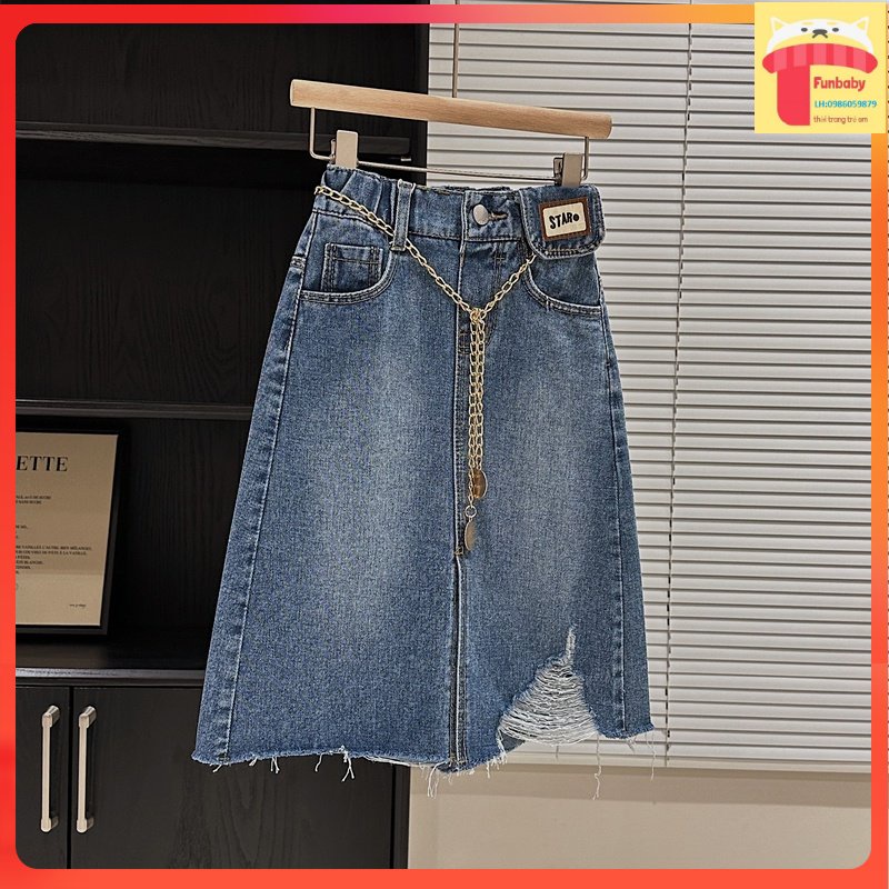 Chân váy jean trẻ em size đại 5-12 tuổi xẻ gấu và chữ STAR, Chân váy cho bé gái kiểu dáng khỏe khoắn thời trang