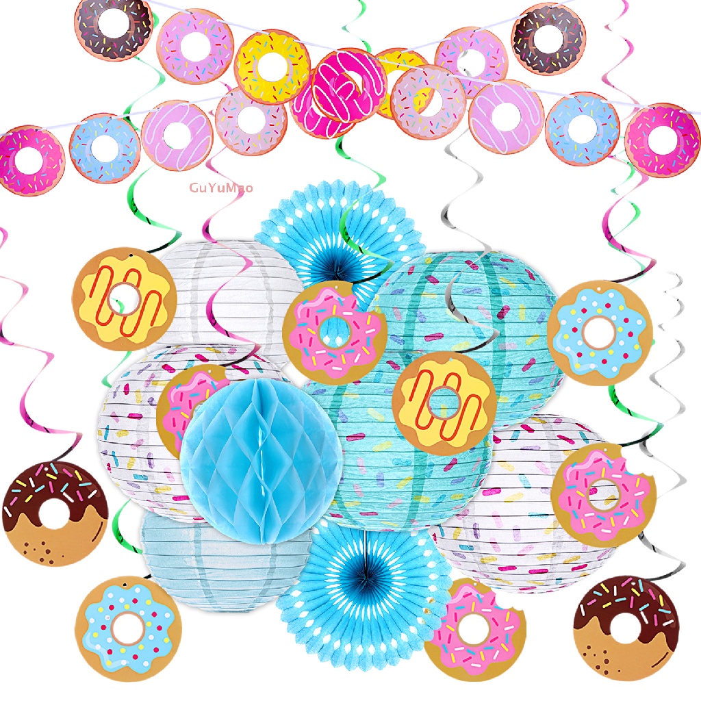 Bộ 23 Cái Đèn Lồng + 4 Vòng Hoa Hình Bánh Donut + 6 Cái Cho Trang Trí Tiệc Sinh Nhật