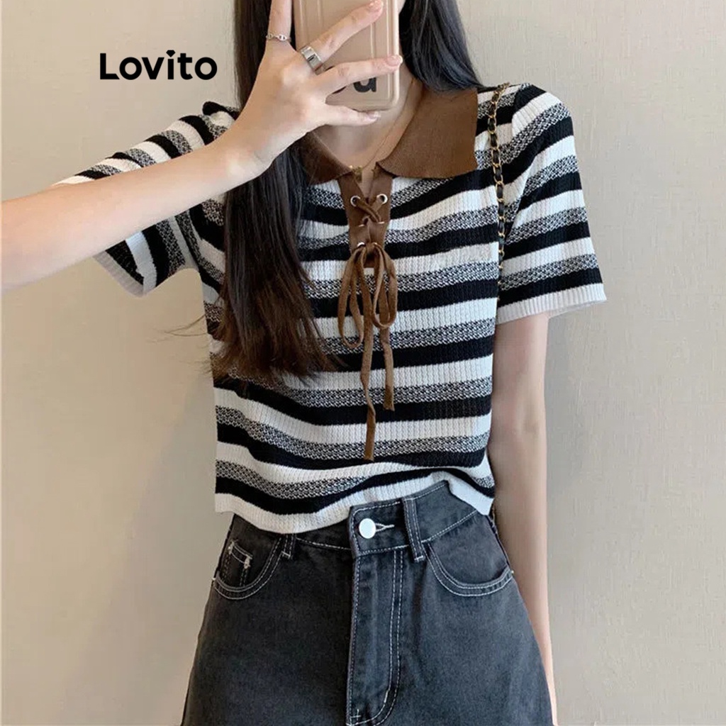 Áo Lovito dệt kim ve áo cổ điển màu sắc tương phản họa tiết sọc vải chống nhăn phong cách ngày thường L27AD011 (màu kaki)