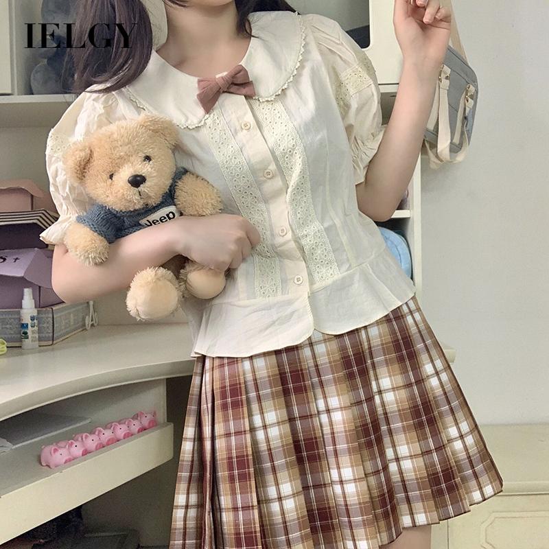 IELGY  Áo Sơ Mi Tay Phồng Cổ Búp Bê Phong Cách Nhật Bản Dễ Thương Cho Nữ