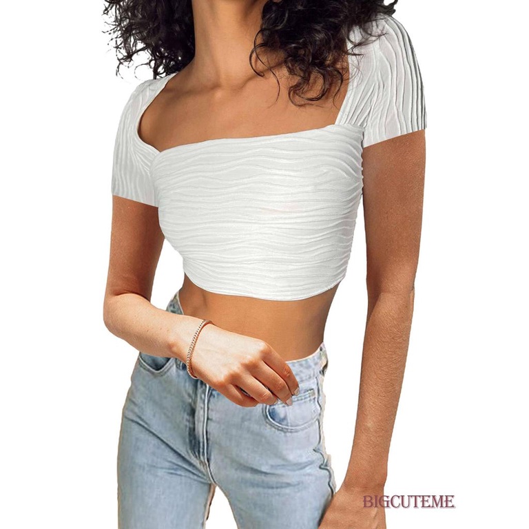 Áo Croptop Cổ Vuông Tay Ngắn Màu Trơn Thời Trang Dành Cho Nữ