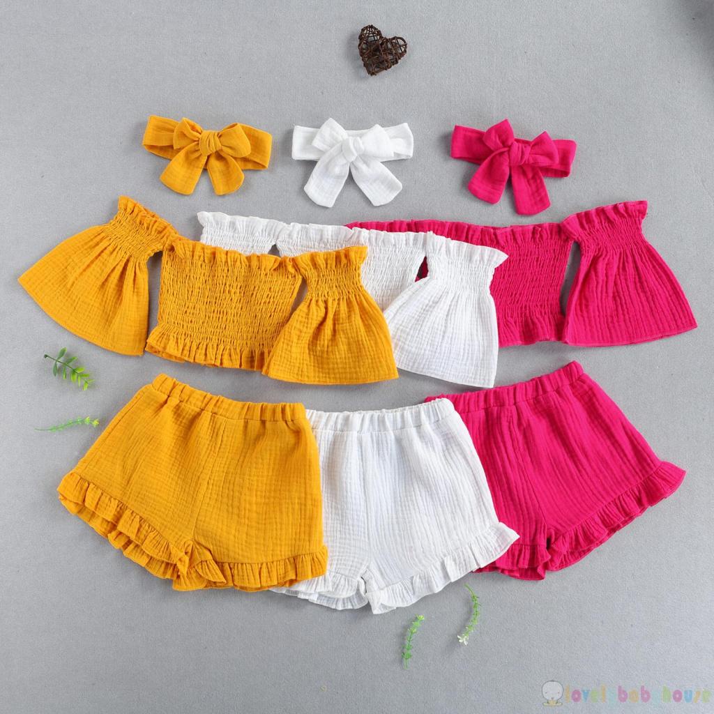 Bộ Trang Phục 3 Món Màu Trơn Gồm Áo Cổ Thuyền Tay Loe Trễ Vai + Quần Short + Băng Đô Nơ Cho Bé Gái