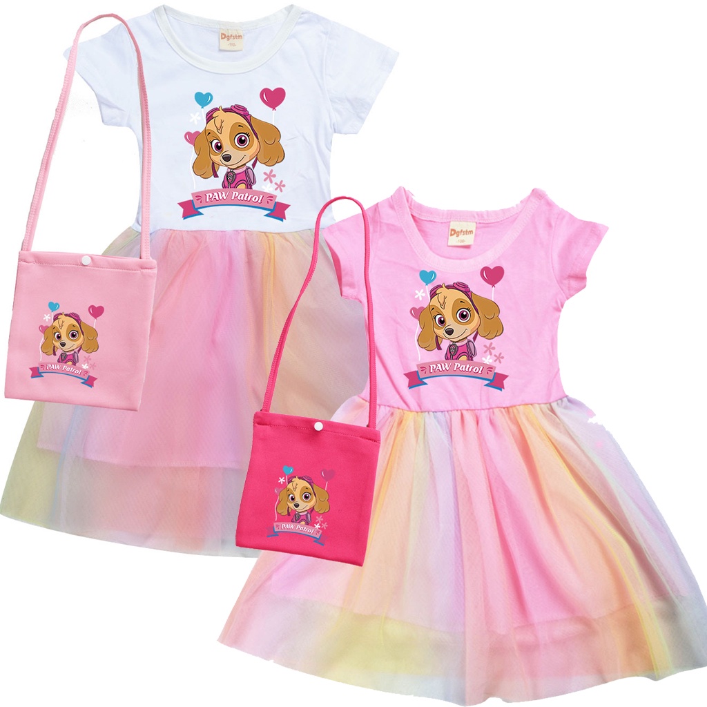 Set Đầm Xòe + Túi Cotton Tay Ngắn Họa Tiết Hoạt Hình Paw Patrol Cho Bé Gái