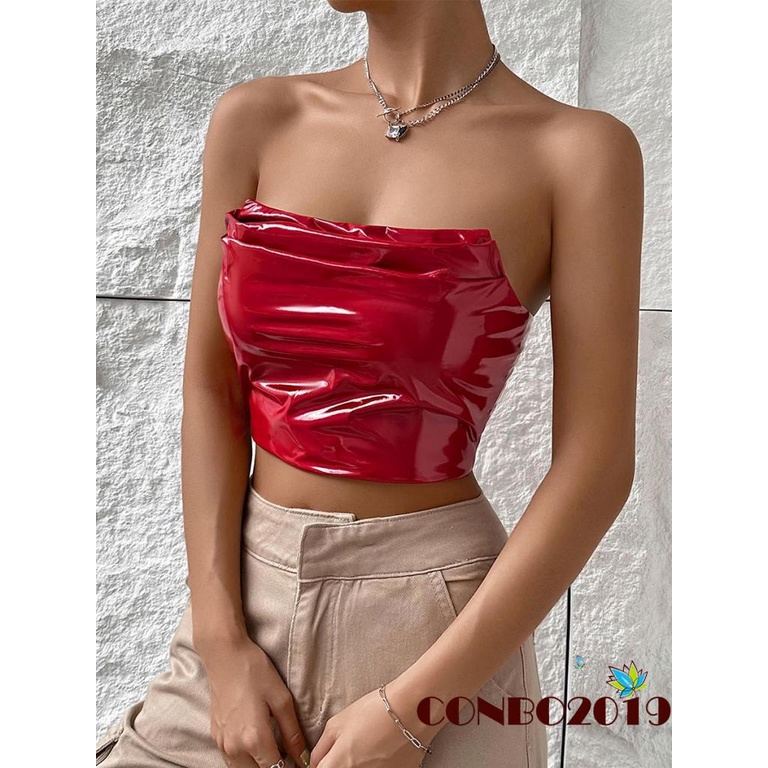 Áo Ống Cúp Ngực Bằng Da PU Màu Trơn Thời Trang Dành Cho Nữ