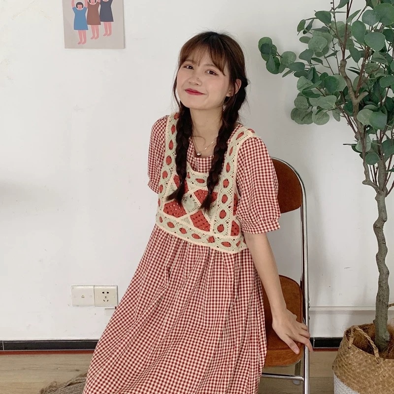 Áo hai dây cổ vuông đan móc hoạ tiết trám đi biển, mix váy áo MS577