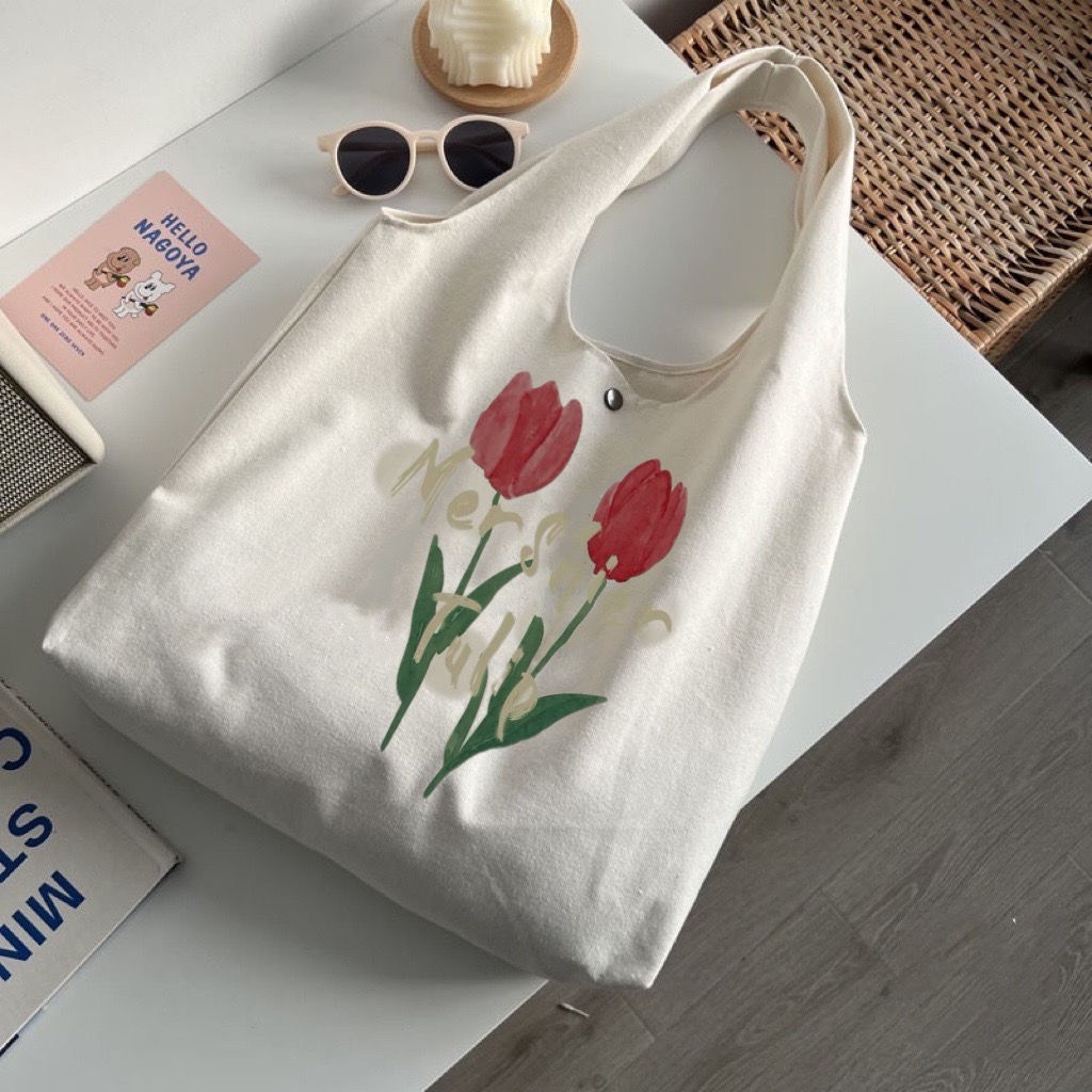 Túi Tote Vải Canvas Đi Học Cành Hoa TULIP Phong Cách Hàn Quốc MTT0336