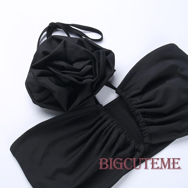 Set Đồ Mùa Hè 2 Món Gồm Áo Hai Dây Buộc Cổ Buộc Dây Màu Trơn + Chân Váy Dài Họa Tiết Hoa Màu Trắng / Đen Cho Nữ