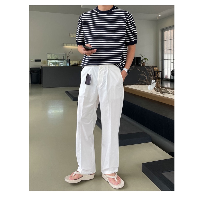 Áo Thun Dệt Kim Mỏng Cổ Tròn Tay Ngắn Dáng Rộng In Họa Tiết Kẻ Sọc Phong Cách Nhật Bản Thời Trang Mùa Hè Cho Nam