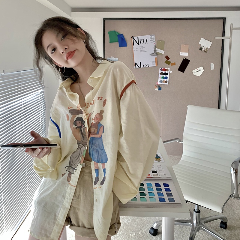 IELGY Áo Sơ Mi Tay Dài In Họa Tiết Hoạt Hình Phong Cách Hàn Quốc Cho Nữ