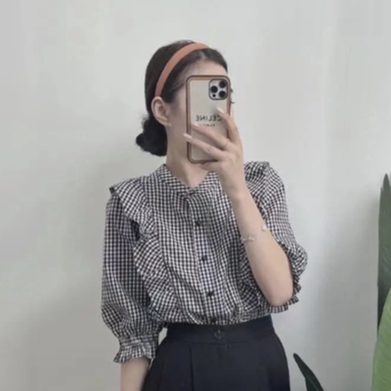Áo Sơ Mi Nữ Tay Phồng Họa Tiết Caro Phong Cách Hàn Quốc Mới