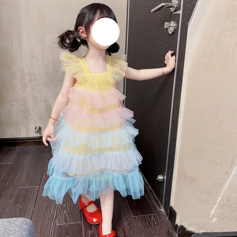 Đầm Xòe Xếp Tầng Vải Tuyn Màu Cầu Vồng Dễ Thương Thời Trang Mùa Hè Cho Bé Gái