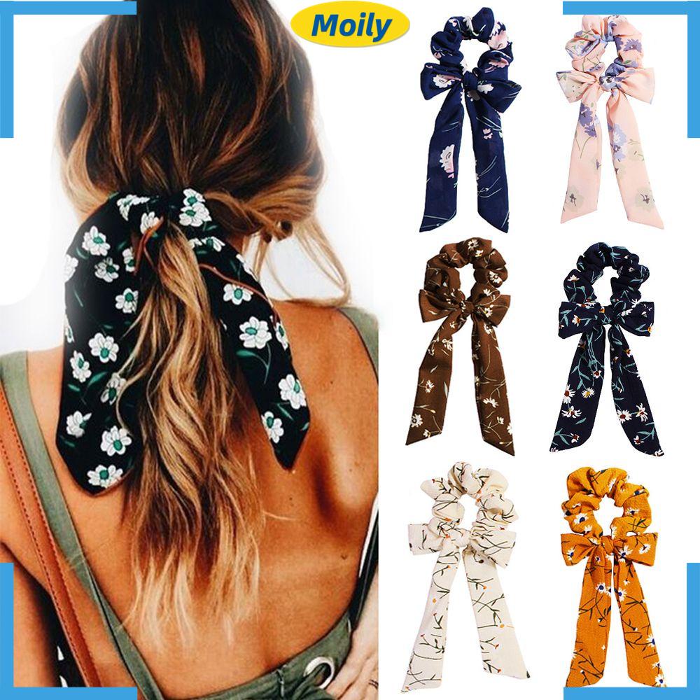 MOILY Sweet Bow Streamers Hair Ring Fashion Floral Print Ribbon Scrunchie Elastic Horsetail Headbands