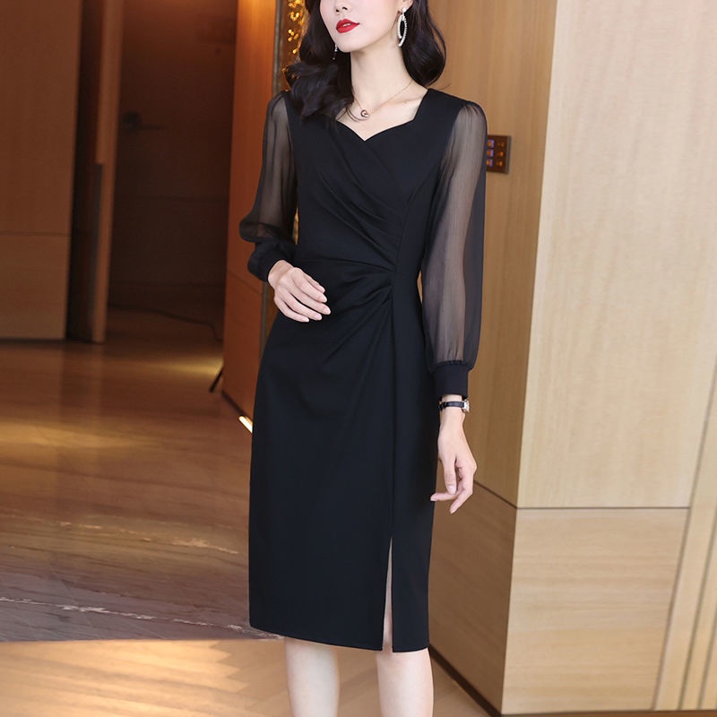 Đầm Vải Tuyn Dài Tay Màu Đen Thiết Kế Thoải Mái Thanh Lịch