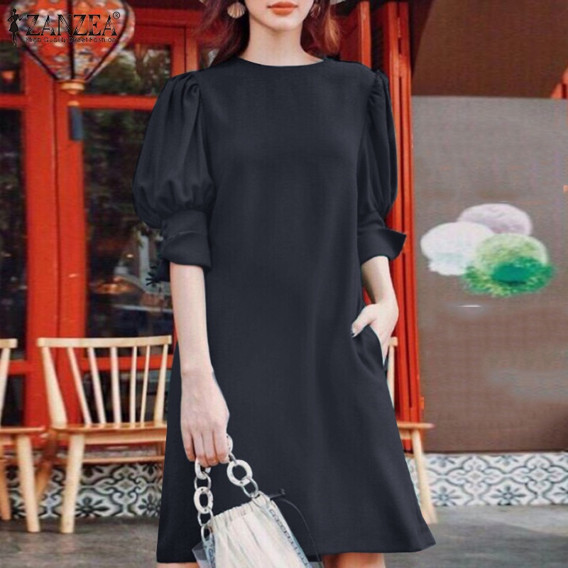 Đầm ZANZEA tay phồng cổ tròn màu trơn phong cách châu Âu thời trang cho nữ