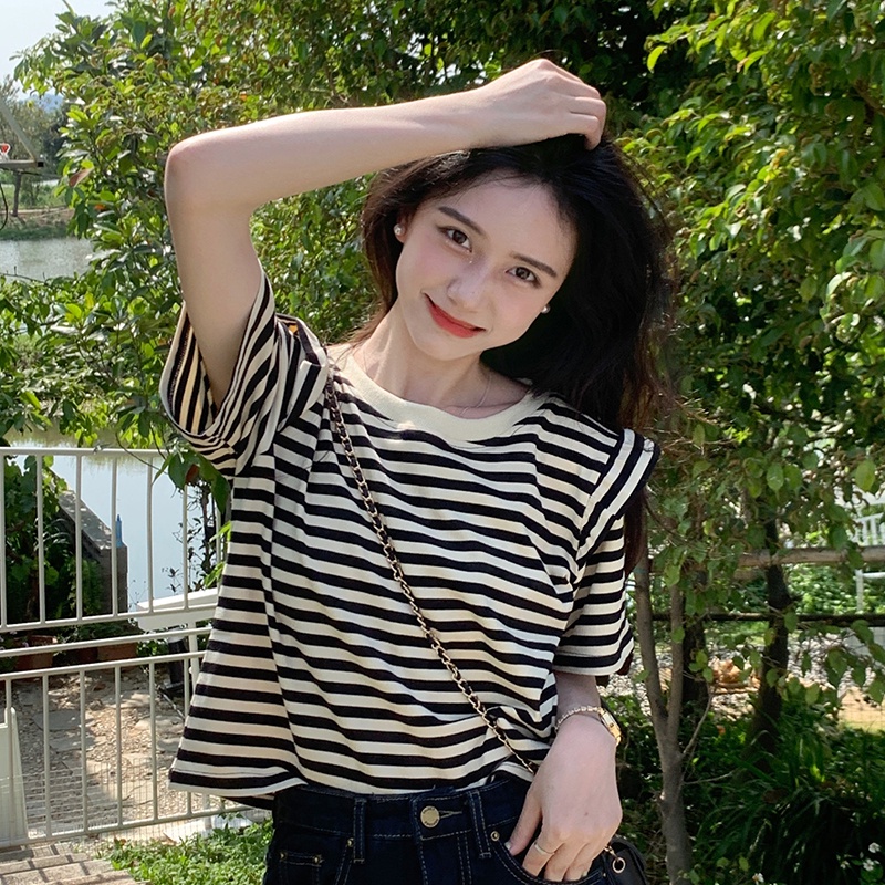 Áo thun SUXI tay ngắn cổ tròn dáng rộng họa tiết kẻ sọc thời trang cổ điển dễ phối đồ cho nữ