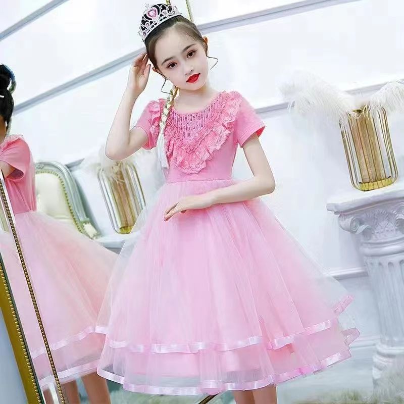 Đầm Bé Gái Tay Ngắn Đầm Công Chúa Mùa Hè Mới Trung Và Lớn Trẻ Em Cổ Tròn Phối Ren ĐầM Lưới Thời Trang 2023