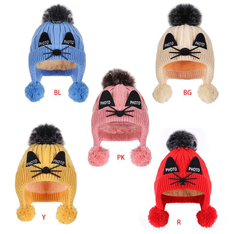 Mũ Dệt Kim Dày Dặn Giữ Ấm Mùa Đông Thêu Họa Tiết Mặt Mèo Dễ Thương Gắn Quả Bông Cho Bé Sơ Sinh