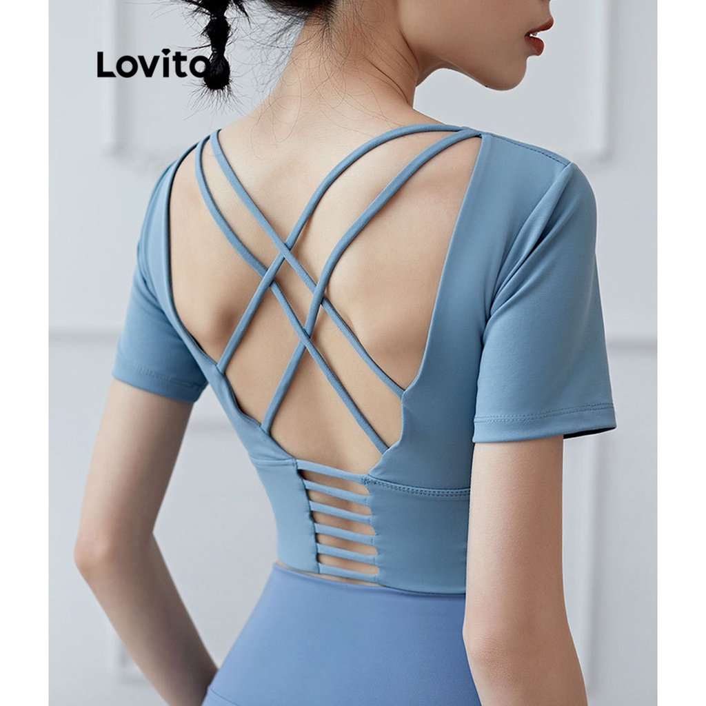 Áo lót thể thao Lovito dáng ôm màu trơn không gọng bao phủ 3/4 ngực dây chéo thoáng khí L04007 (xanh dương）