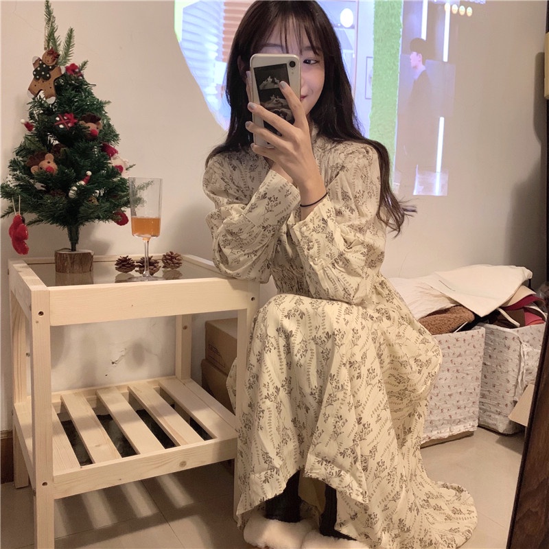 IELGY   Đầm Hoa Cổ Chữ v Chiết Eo Phong Cách Pháp Thanh Lịch Cho Nữ