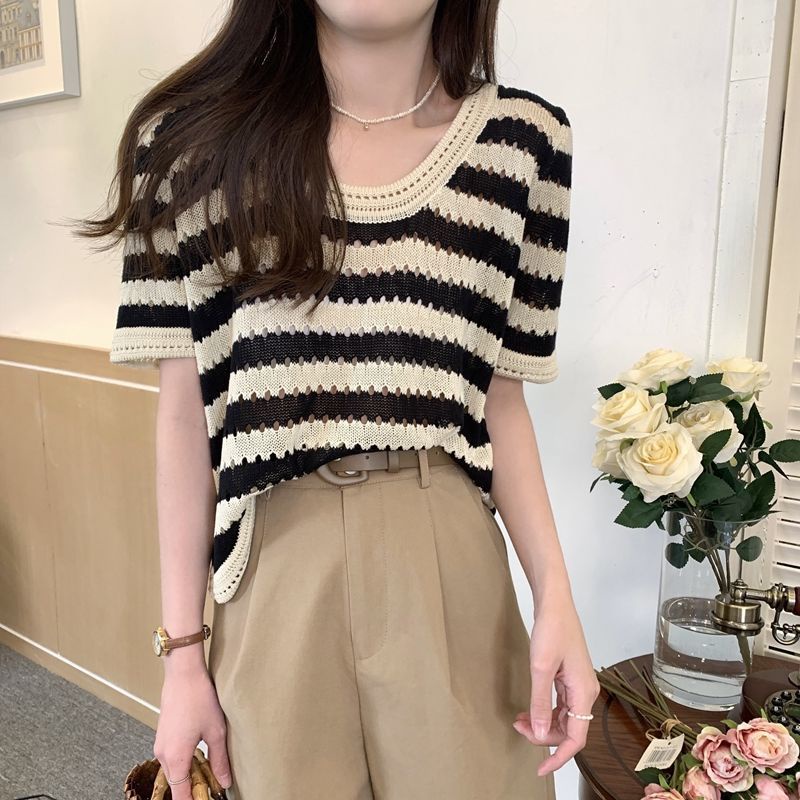 Áo Dệt Kim Cổ Tròn Họa Tiết Kẻ Sọc Phong Cách Cổ Điển Thời Trang Cho Nữ