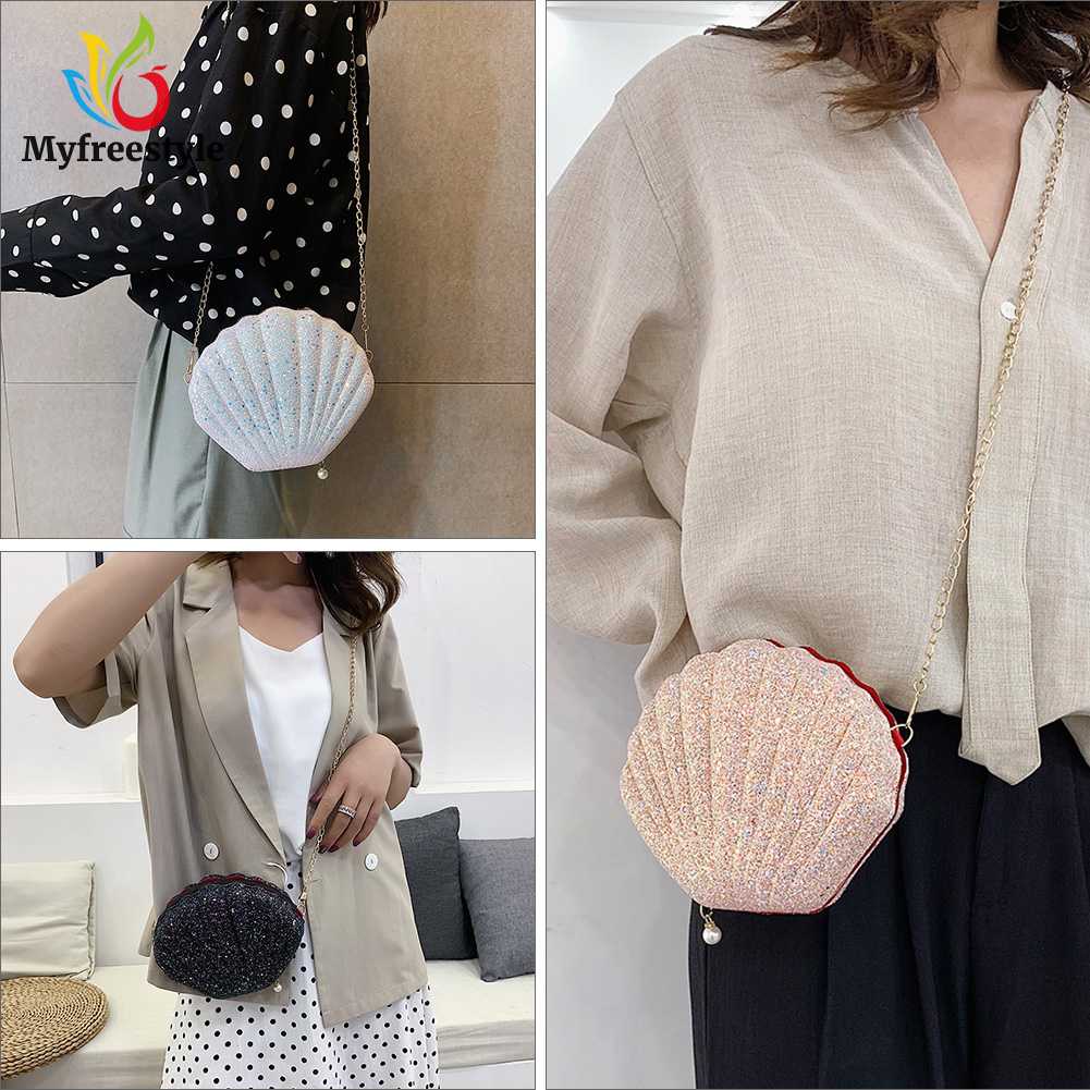 Túi Đeo Chéo Đính Kim Sa Lấp Lánh Hình Vỏ Sò Dễ Thương Kèm Dây Đeo Sợi Xích Thời Trang Cho Nữ