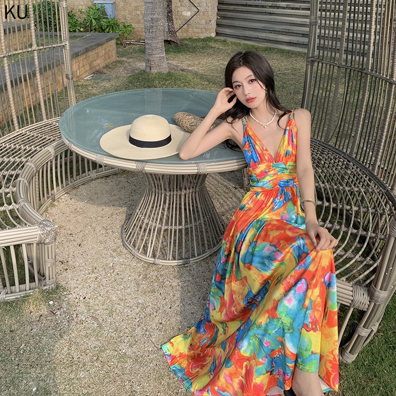 Đầm Hai Dây Cổ Chữ V Họa Tiết Hoa Phong Cách Retro Quyến Rũ Cho Nữ