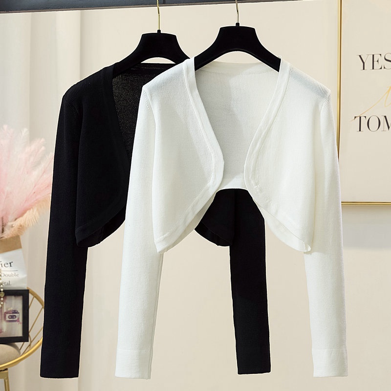 Áo Khoác Cardigan Dệt Kim Dáng Ngắn Tay Dài Có Thể Kết Hợp Với Váy Hai Dây Thời Trang Xuân Hè Kiểu Pháp Dành Cho Bạn Nữ