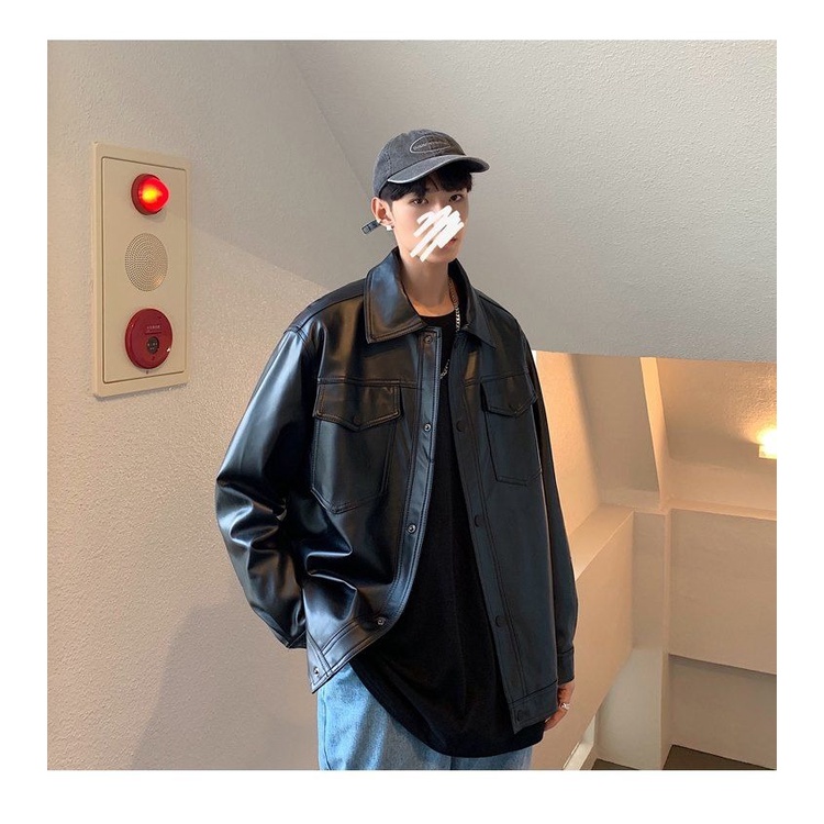 Áo Khoác Da Dáng Rộng Phối Túi Lớn Thời Trang Xuân Thu Cho Nam