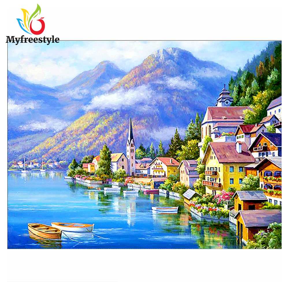 40*30cm Tranh Thêu Trang Trí Thủ Công 5D Hình Thị Trấn (Mũi Thêu Hình X)