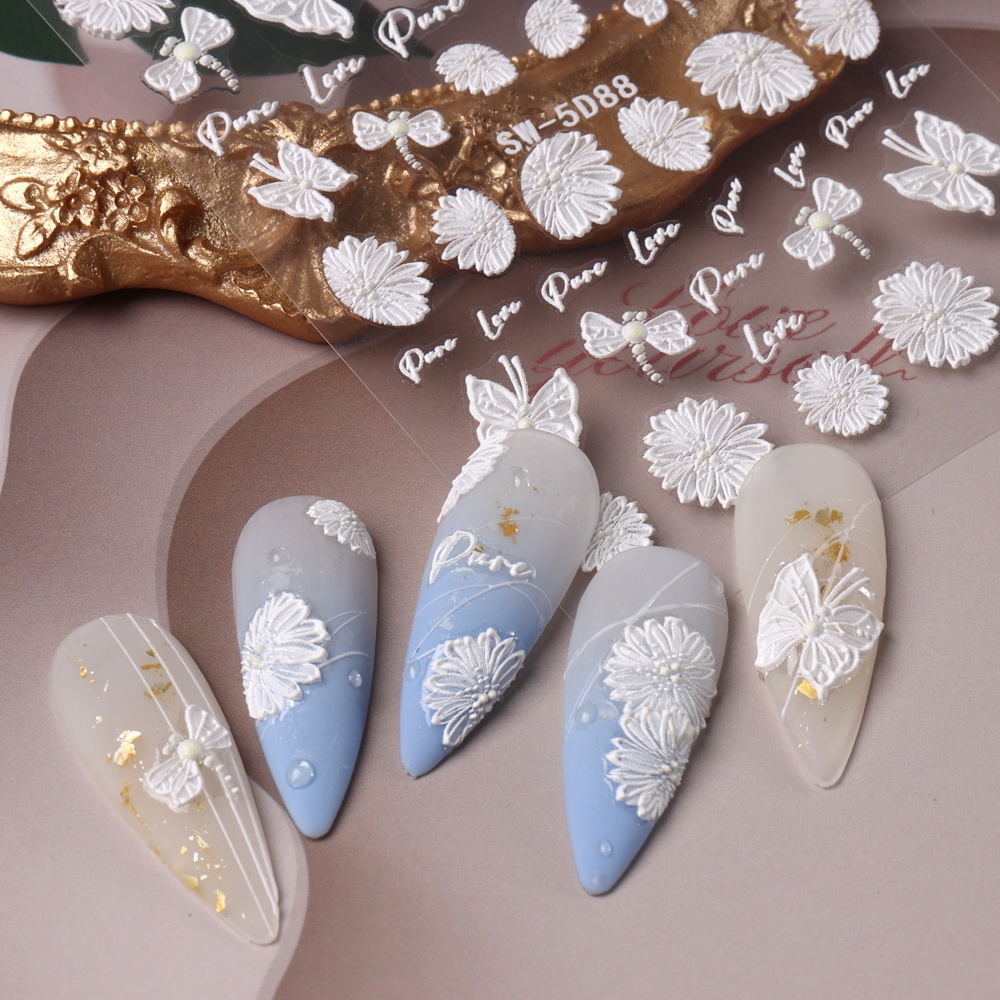 5D Flower Embossed Nail Art Sticker Campanula Butterfly Tulip Rabbit Daisy Lace Slider Decoration Engraved Manicure Tips