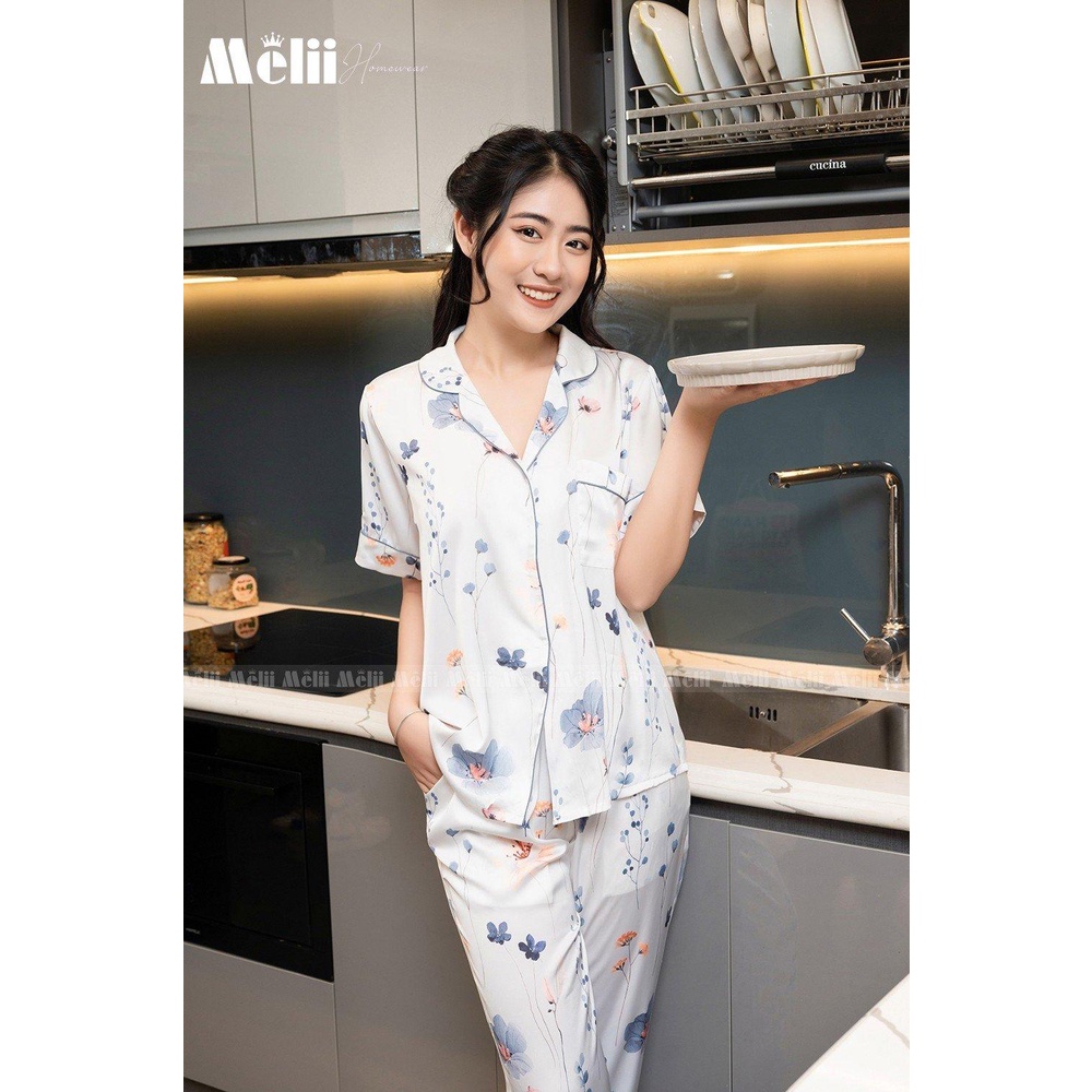 [Chính hãng] Set 3 cái - Bộ đồ ngủ lụa thiết kế cao cấp Hoa bướm mát mẻ cho mùa hè thương hiệu Melii