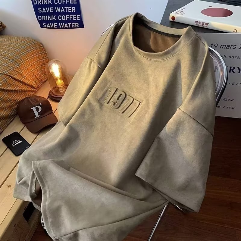 Áo Thun Tay Ngắn Cổ Tròn Bằng Da Lộn Phong Cách Hip hop Thời Trang Mùa Hè Cho Nam