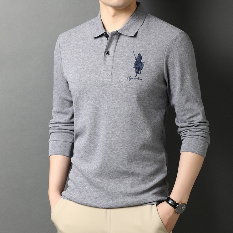 ☞Áo Thun polo 100% cotton Tay Dài Dáng Rộng Thoáng Khí Màu Sắc Đơn Giản Có Khóa Kéo Phong Cách Doanh Nhân Cho Nam