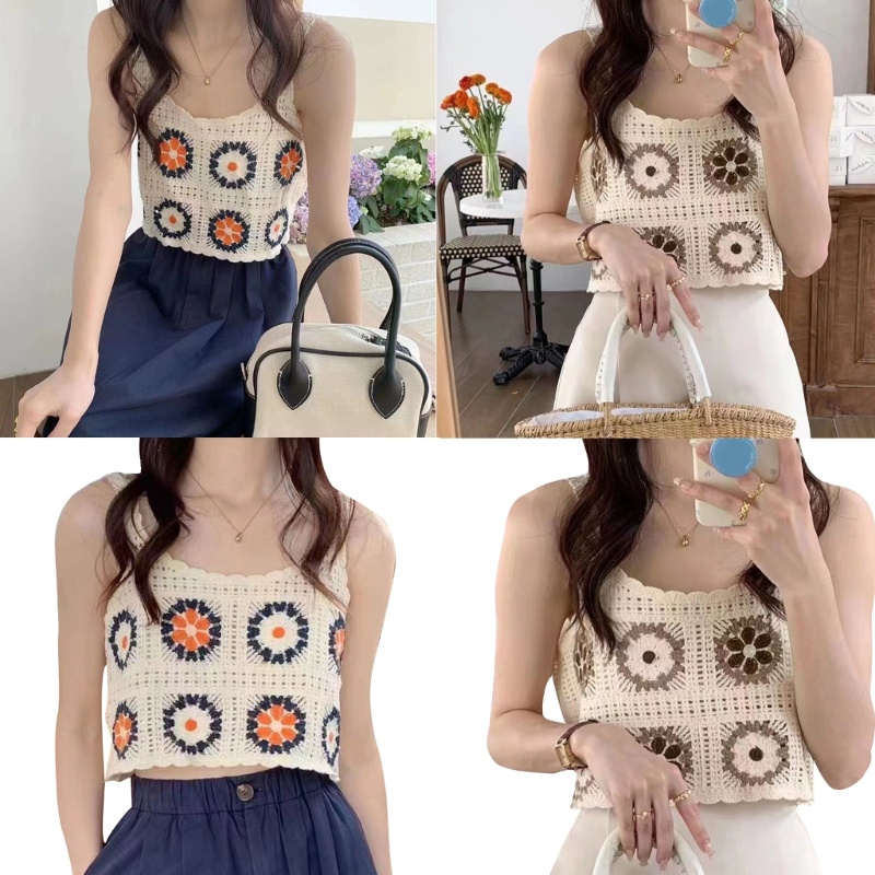 Áo Croptop Dệt Kim Không Tay Khoét Lỗ Họa Tiết Hoa Thời Trang Đi Biển Cho Nữ