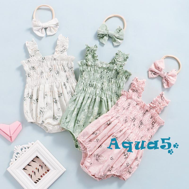 Bộ Áo Liền Quần Sát Nách In Hoa + Băng Đô Nơ Cho Bé Gái