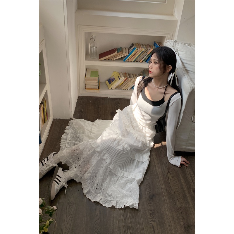 「Nonfatgirl」Chân Váy Len Lưng Cao Dáng Rộng Màu Trắng Thời Trang Cho Nữ