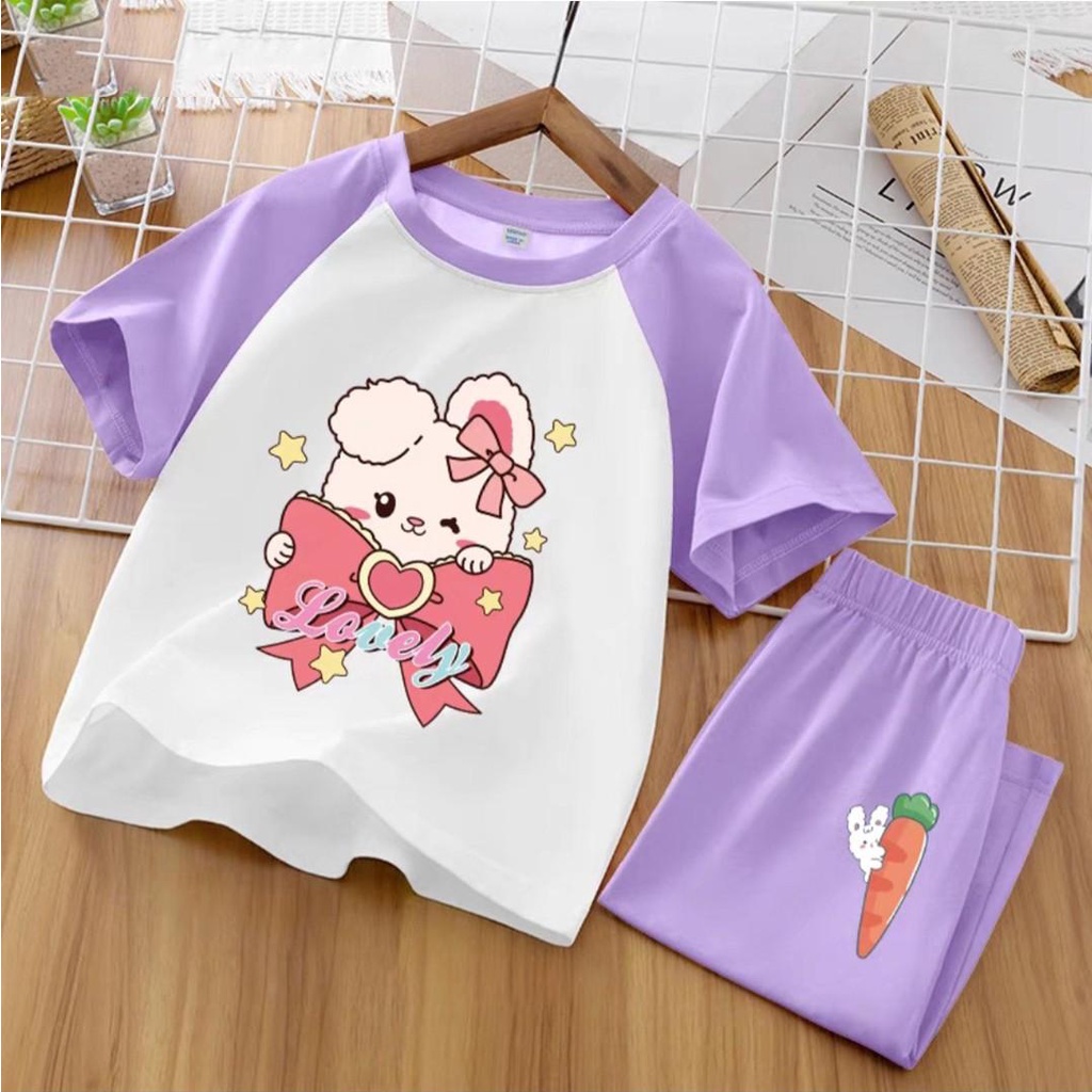 Bộ thời trang đùi cotton cho bé gái size 10-40kg quần áo trẻ em cho bé set cộc tay thỏ Lovely