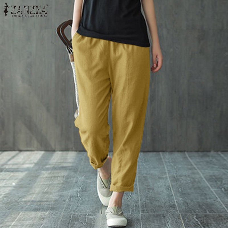 Quần dài ZANZEA lưng thun màu trơn phong cách Hàn Quốc thời trang cho nữ