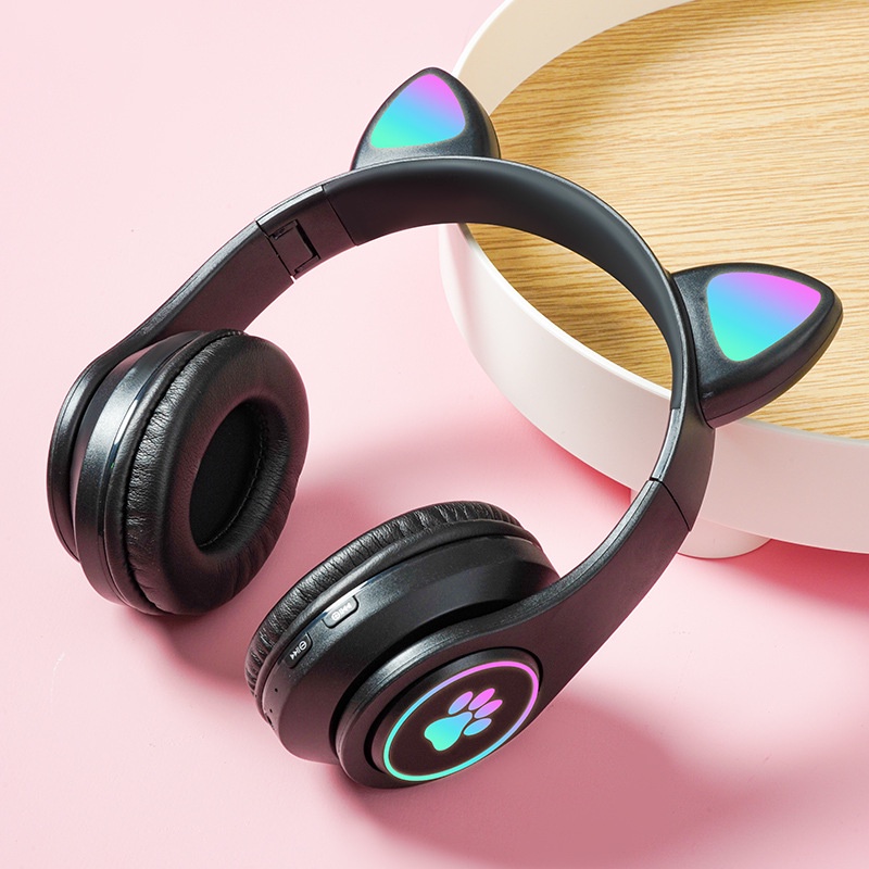Tai Nghe Bluetooth Không Dây Hình Tai Mèo Dễ Thương Có Đèn LED Phát Sáng Gấp Gọn Được