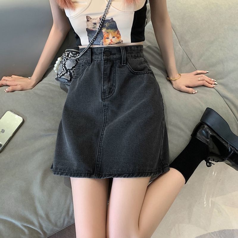Chân Váy Denim Chữ a Lưng Cao Màu Xám Đen Phong Cách Hàn Quốc Dễ Phối Đồ Cho Nữ❧3.22