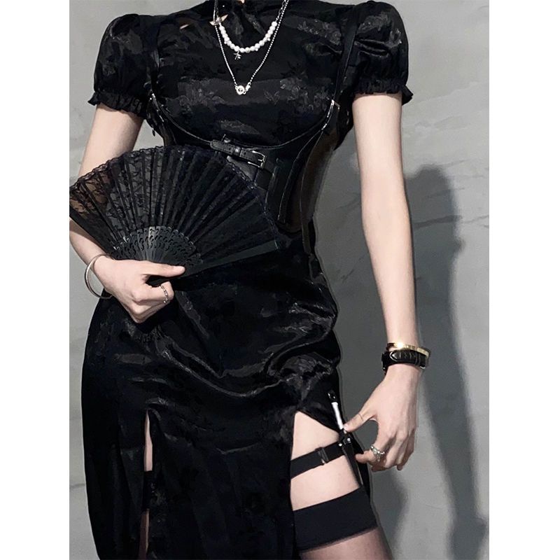 Set Đầm Sườn Xám Xẻ Tà Eo Hẹp Có Khóa Cài Phong Cách Retro Mùa Hè 2023 Mới