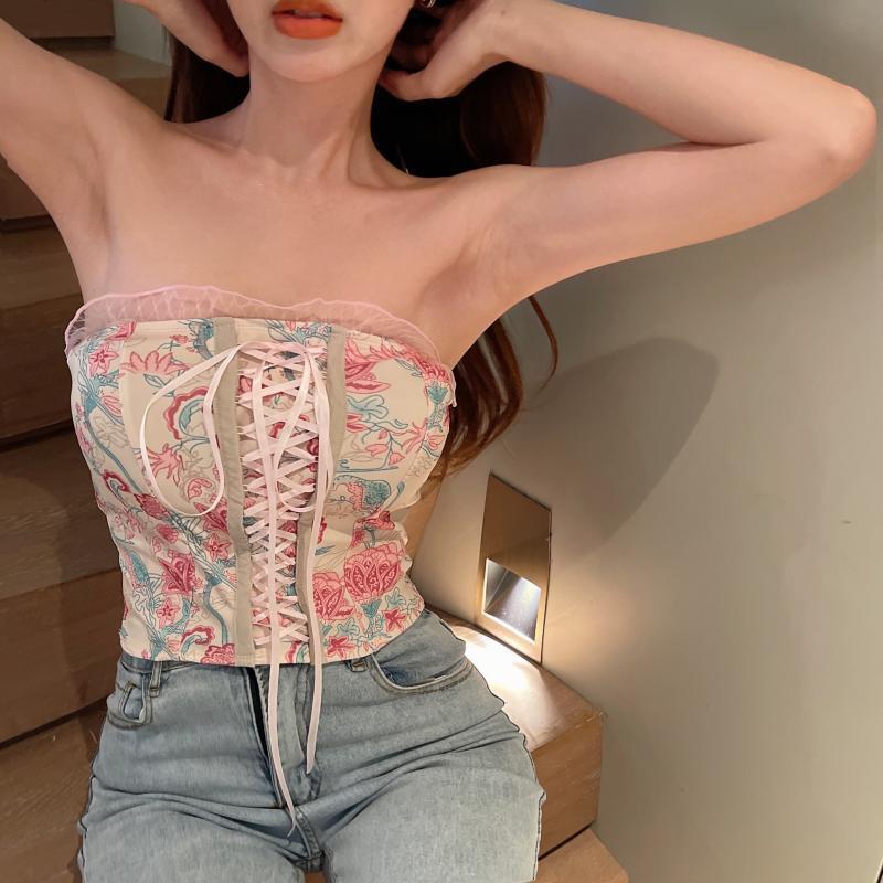 IELGY     Áo Ống Ren Mỏng In Họa Tiết Kiểu Cổ Điển Thời Trang Cho Nữ