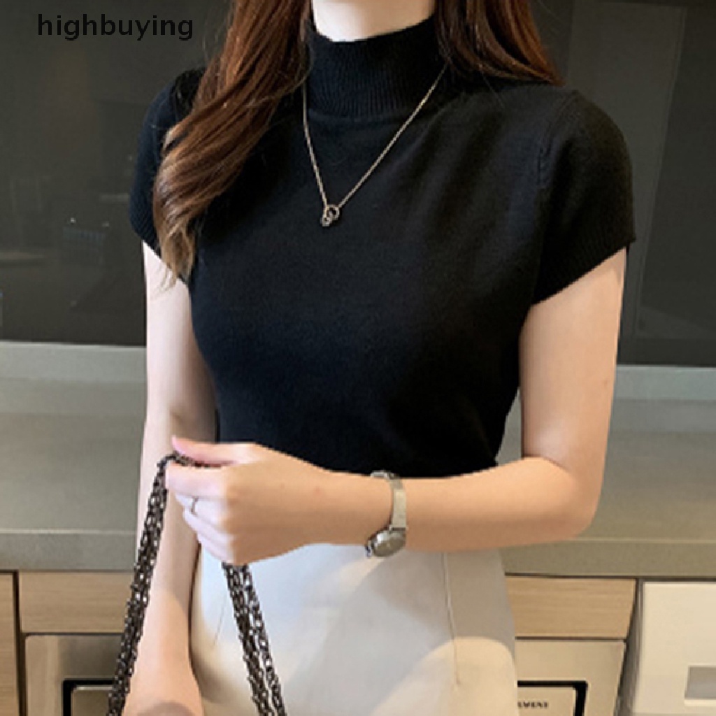 Áo Thun Dệt Kim Tay Ngắn Cổ Lọ Màu Sắc Đơn Giản Cho Nữ